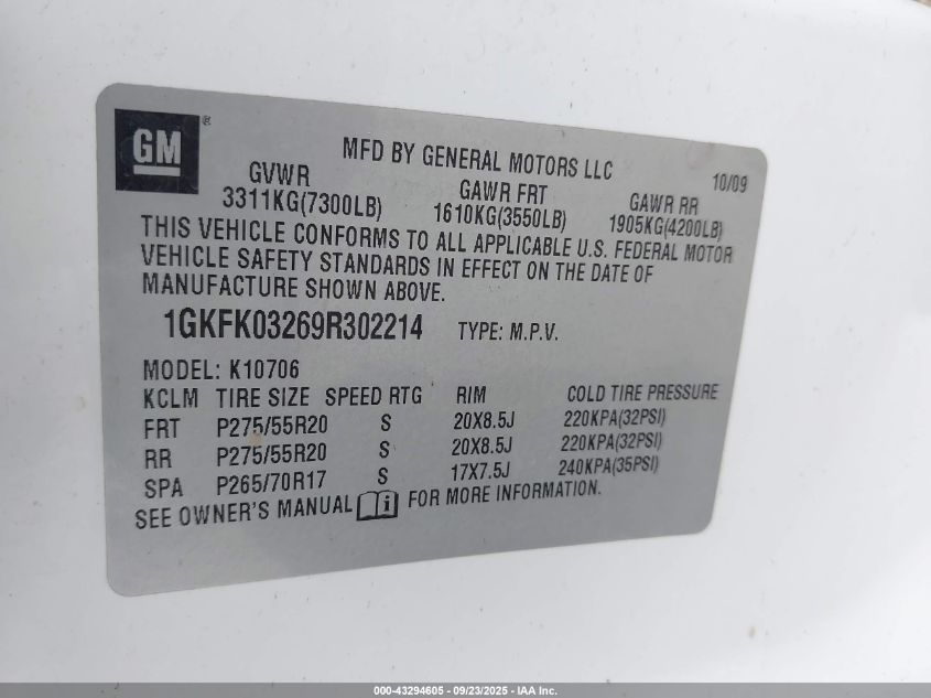 2009 GMC Yukon Denali VIN: 1GKFK03269R302214 Lot: 43294605