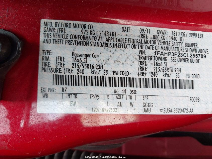 2012 Ford Focus Se VIN: 1FAHP3F23CL255789 Lot: 43294610