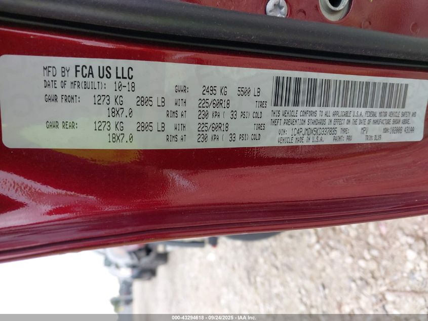 2019 Jeep Cherokee Limited 4X4 VIN: 1C4PJMDX5KD337835 Lot: 43294618