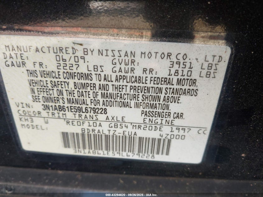 2009 Nissan Sentra 2.0Sr VIN: 3N1AB61E59L679228 Lot: 43294620