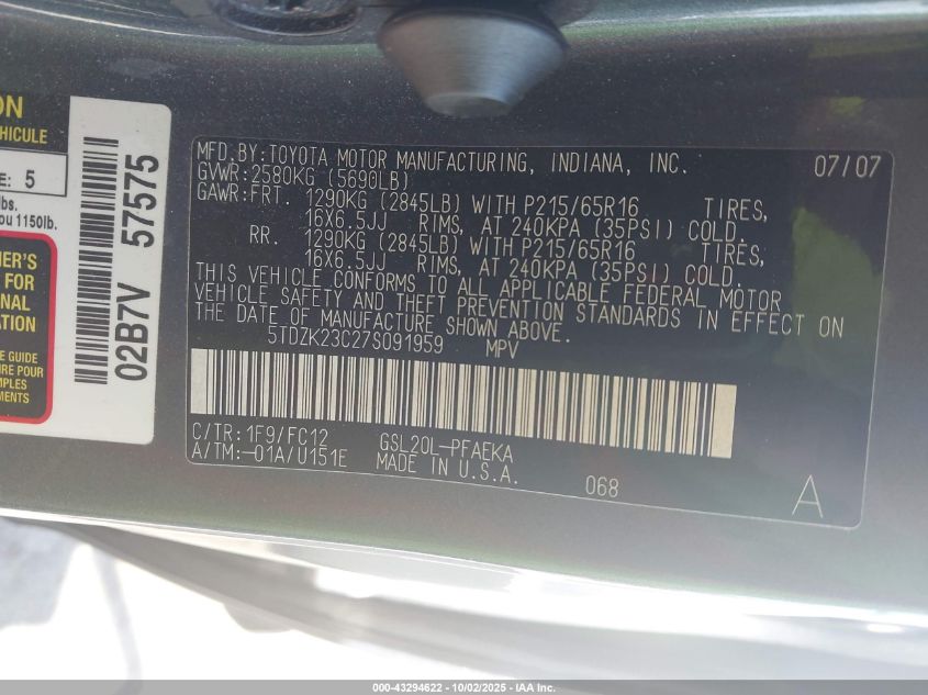 2007 Toyota Sienna Le VIN: 5TDZK23C27S091959 Lot: 43294622