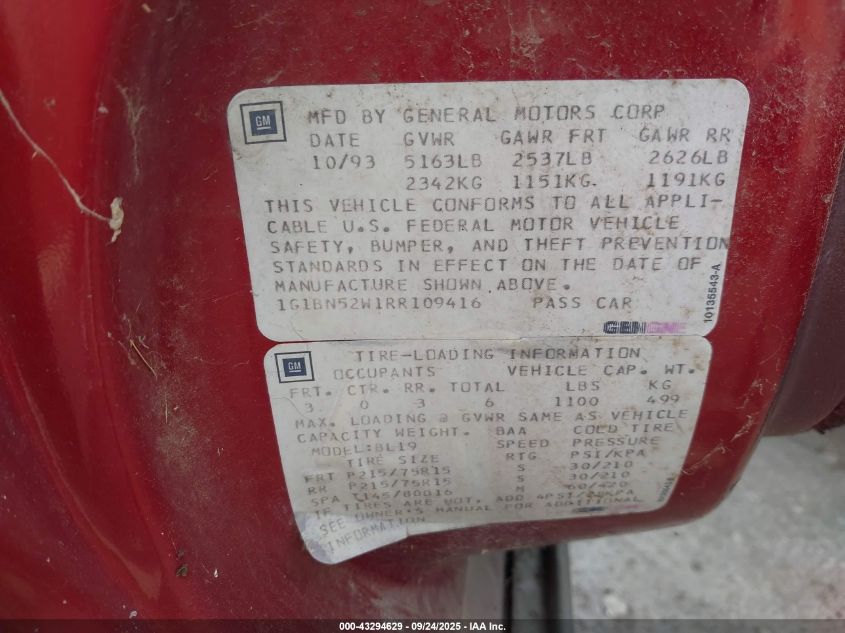 1994 Chevrolet Caprice Classic Ls VIN: 1G1BN52W1RR109416 Lot: 43294629