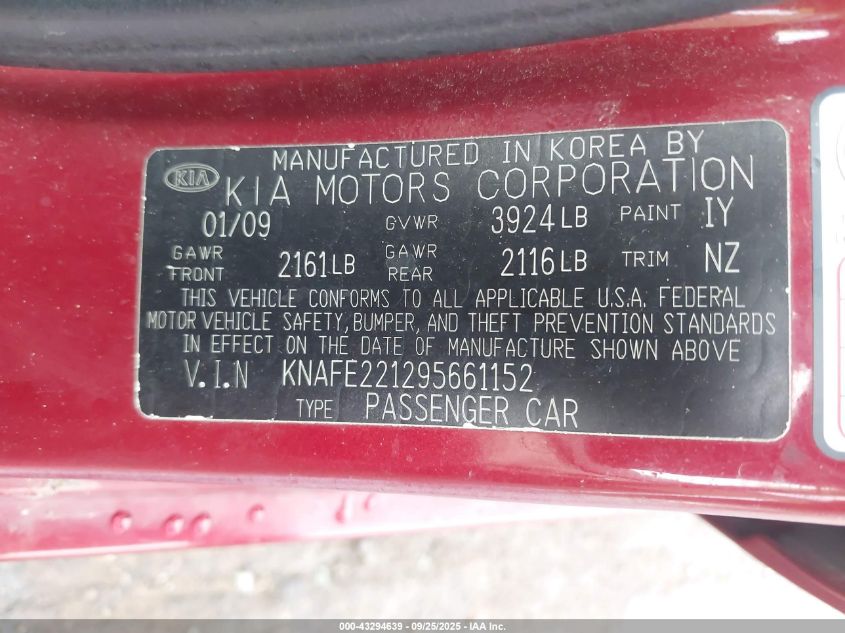 2009 Kia Spectra Ex VIN: KNAFE221295661152 Lot: 43294639