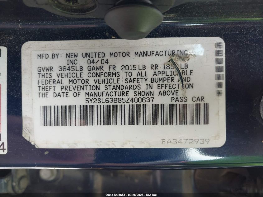 2005 Pontiac Vibe VIN: 5Y2SL63885Z400637 Lot: 43294651