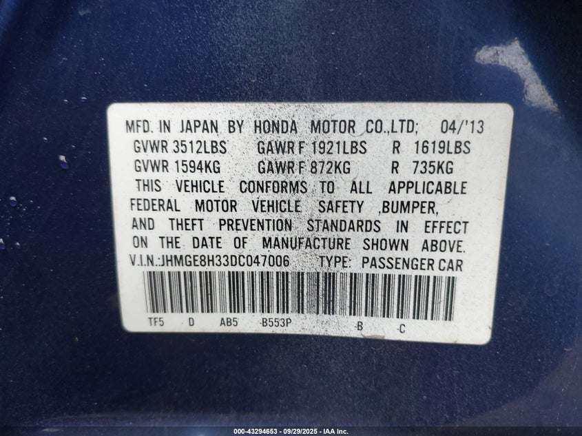 2013 HONDA FIT - JHMGE8H33DC047006