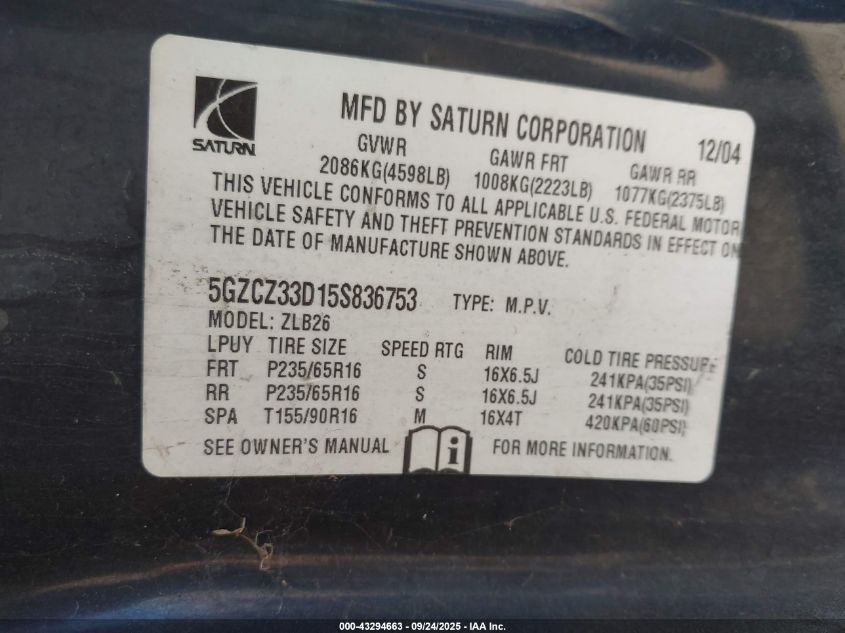2005 Saturn Vue 4 Cyl VIN: 5GZCZ33D15S836753 Lot: 43294663