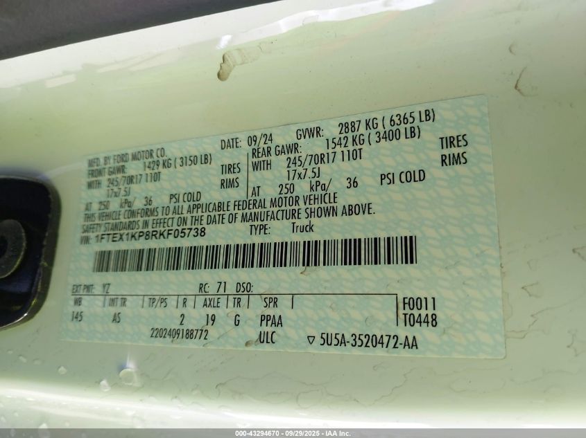 2024 Ford F-150 Xl VIN: 1FTEX1KP8RKF05738 Lot: 43294670