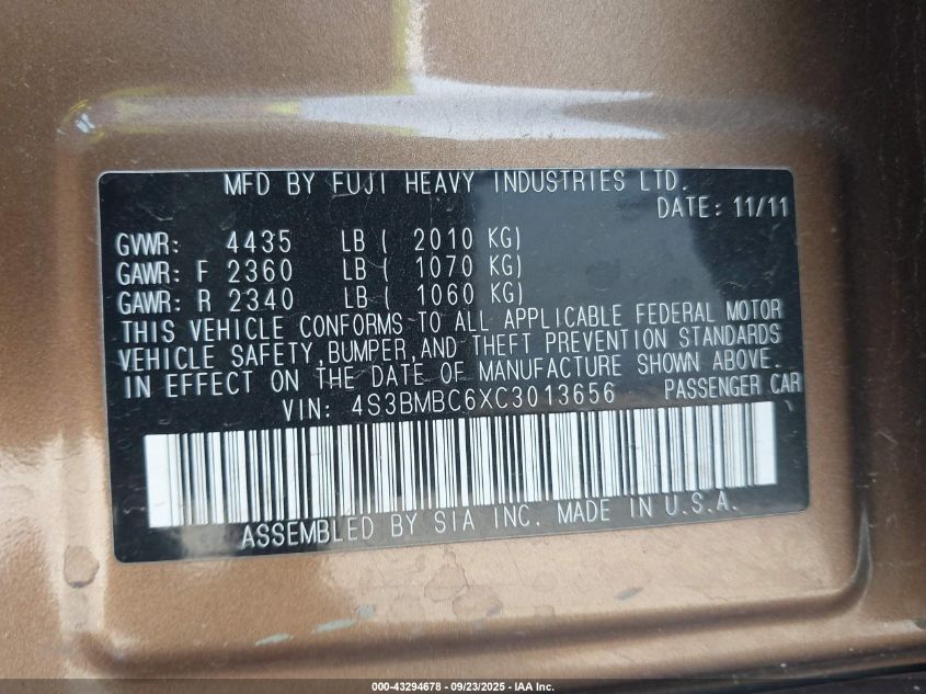 2012 Subaru Legacy 2.5I Premium VIN: 4S3BMBC6XC3013656 Lot: 43294678