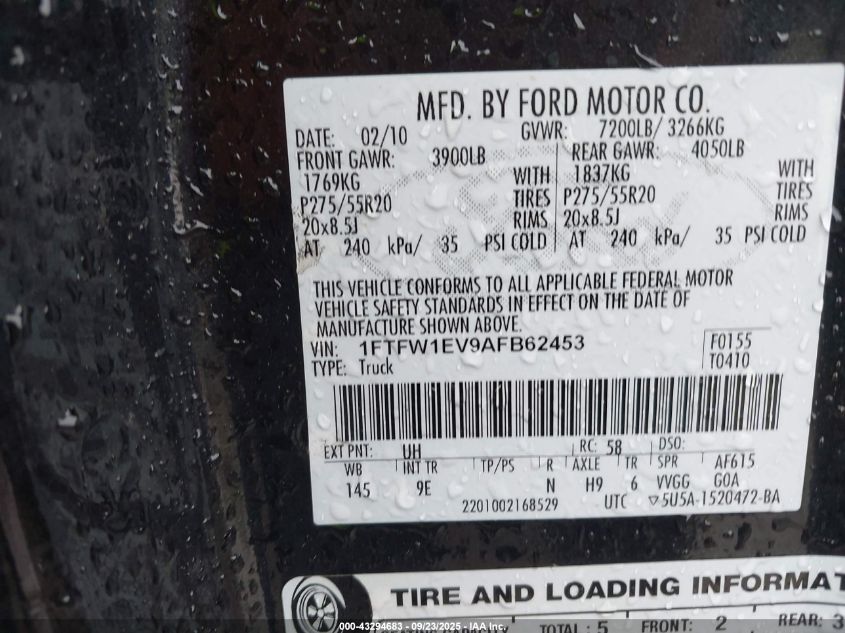 2010 Ford F-150 Fx4/Harley-Davidson/King Ranch/Lariat/Platinum/Xl/Xlt VIN: 1FTFW1EV9AFB62453 Lot: 43294683