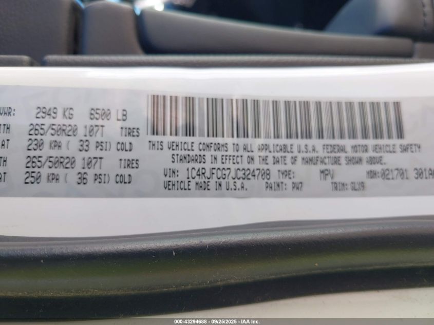 2018 Jeep Grand Cherokee Overland 4X4 VIN: 1C4RJFCG7JC324708 Lot: 43294688