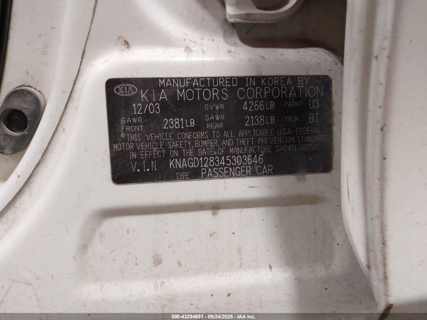 2004 Kia Optima Ex V6/Lx V6 VIN: KNAGD128345303646 Lot: 43294691