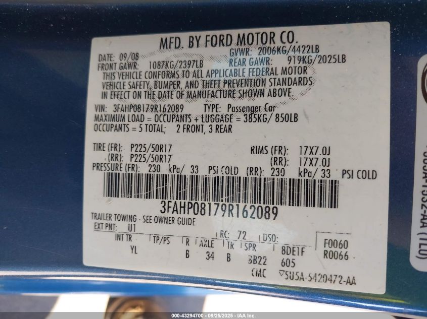 2009 Ford Fusion Sel VIN: 3FAHP08179R162089 Lot: 43294700