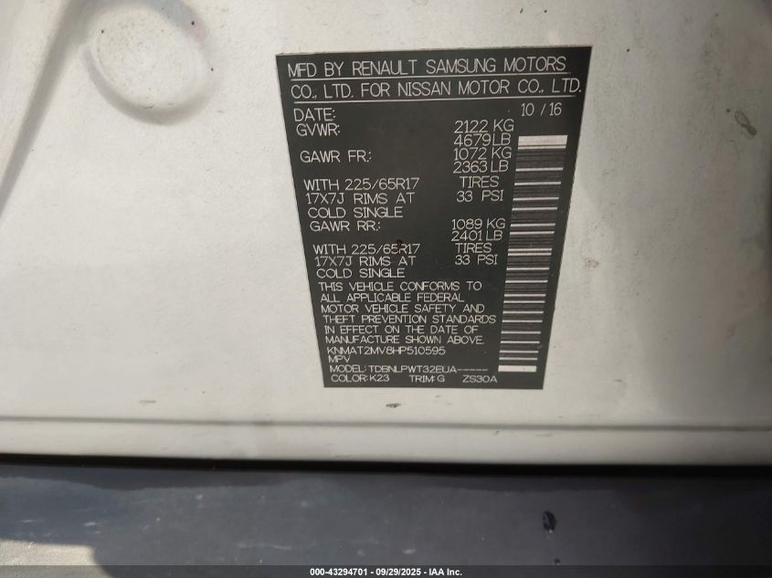 2017 Nissan Rogue S VIN: KNMAT2MV8HP510595 Lot: 43294701