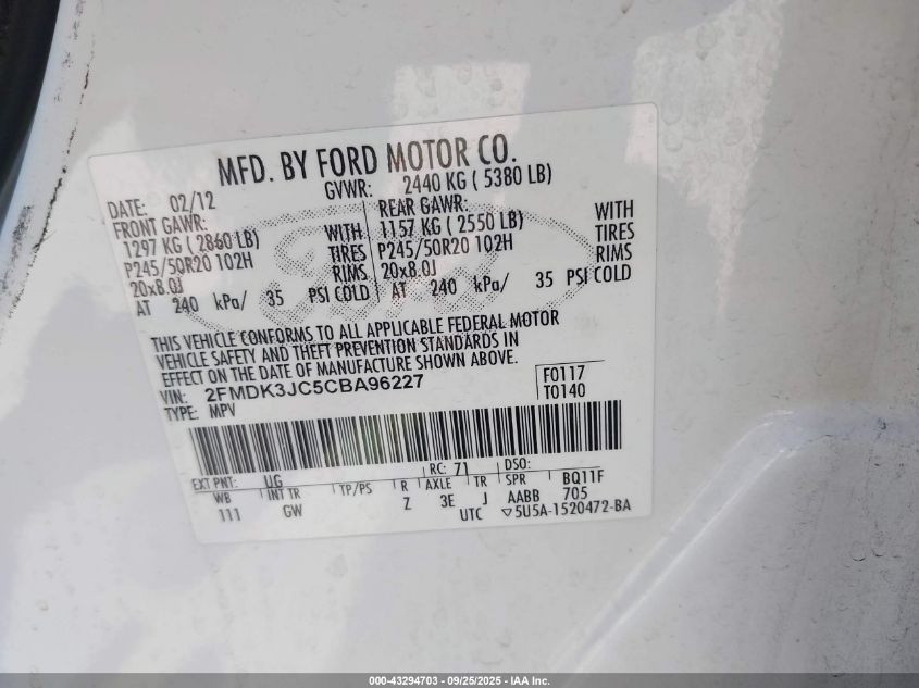 2012 Ford Edge Sel VIN: 2FMDK3JC5CBA96227 Lot: 43294703