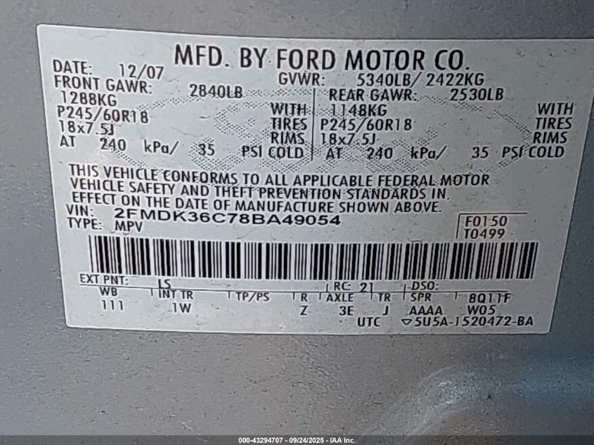 2008 Ford Edge Se VIN: 2FMDK36C78BA49054 Lot: 43294707