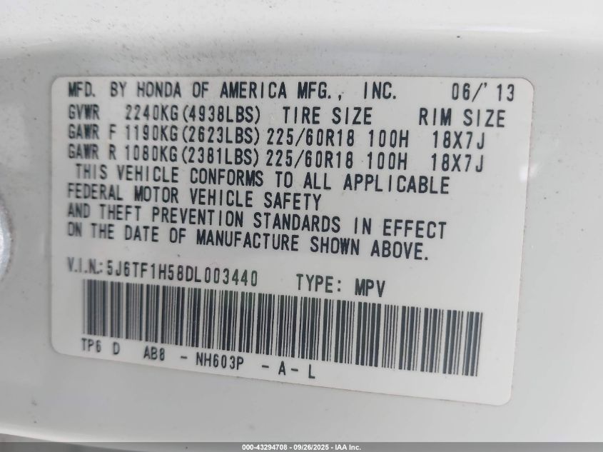 2013 Honda Crosstour Ex-L V6 VIN: 5J6TF1H58DL003440 Lot: 43294708