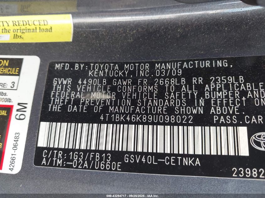 2009 Toyota Camry Le V6 VIN: 4T1BK46K89U098022 Lot: 43294717