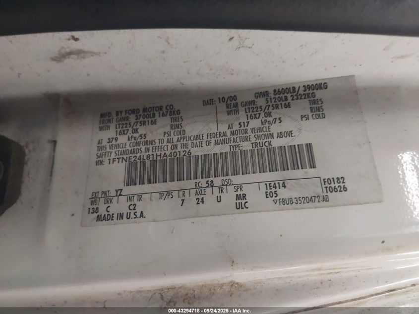 2001 Ford E-250 Commercial/Recreational VIN: 1FTNE24L81HA40126 Lot: 43294718