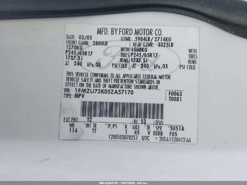 2005 Ford Explorer Xlt/Xlt Sport VIN: 1FMZU73K05ZA57170 Lot: 43294720