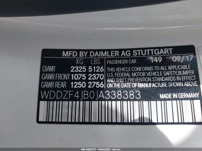 2018 Mercedes-Benz E 300 VIN: WDDZF4JB0JA338383 Lot: 43294727