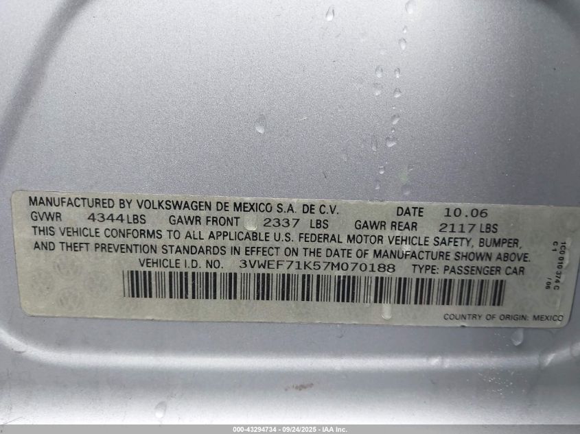 2007 Volkswagen Jetta Wolfsburg Edition VIN: 3VWEF71K57M070188 Lot: 43294734