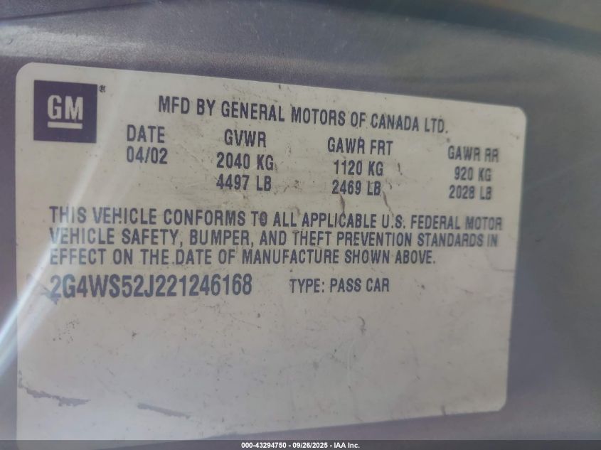 2002 Buick Century Custom VIN: 2G4WS52J221246168 Lot: 43294750