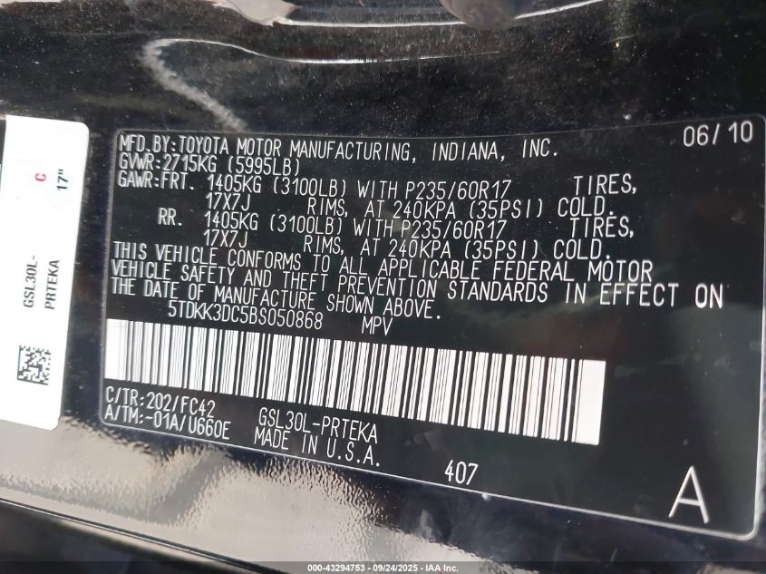 2011 Toyota Sienna Le V6 VIN: 5TDKK3DC5BS050868 Lot: 43294753