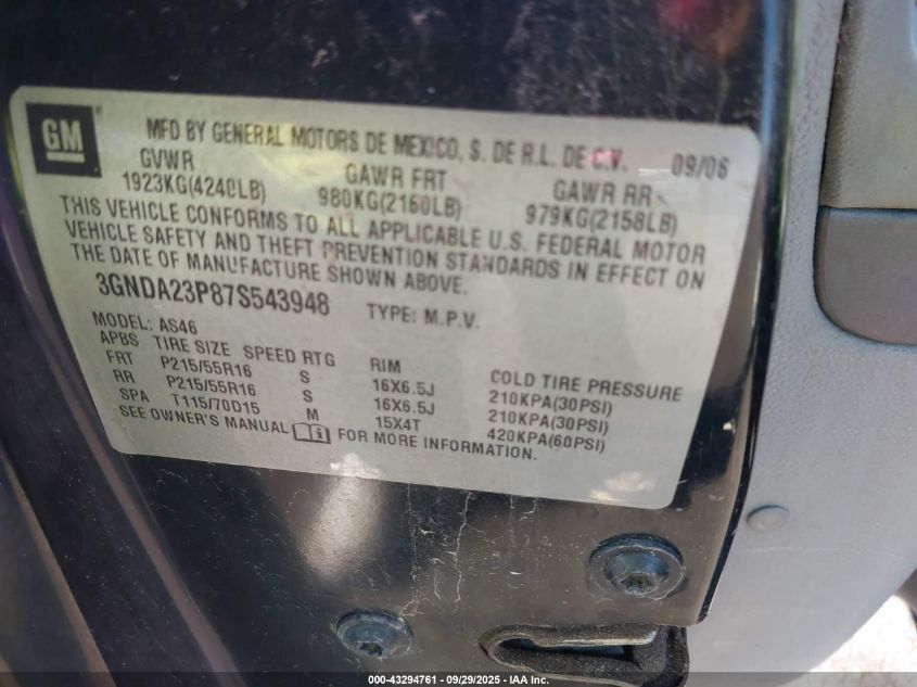 2007 Chevrolet Hhr Lt VIN: 3GNDA23P87S543948 Lot: 43294761