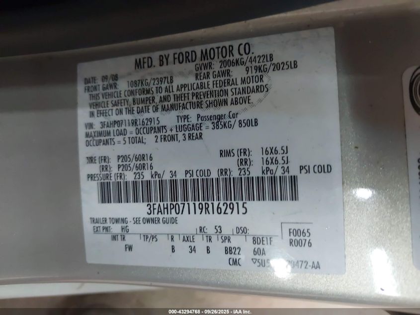 2009 Ford Fusion Se VIN: 3FAHP07119R162915 Lot: 43294768