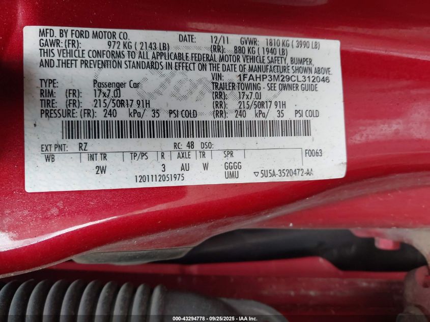 2012 Ford Focus Sel VIN: 1FAHP3M29CL312046 Lot: 43294778