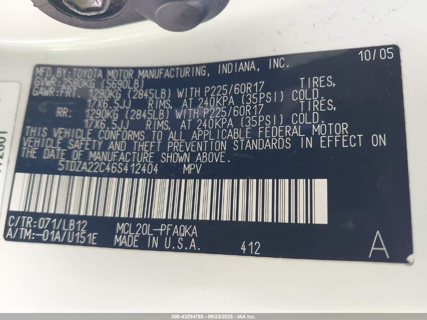 2006 Toyota Sienna Xle VIN: 5TDZA22C46S412404 Lot: 43294785