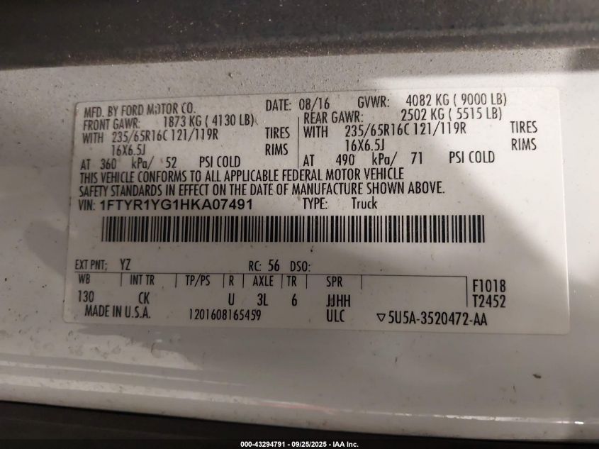 2017 Ford Transit-250 VIN: 1FTYR1YG1HKA07491 Lot: 43294791