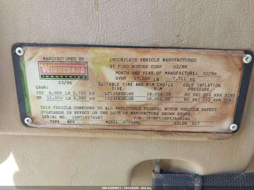 1996 Ford F530 Super Duty VIN: 3FCMF53G8TJA09246 Lot: 43294811