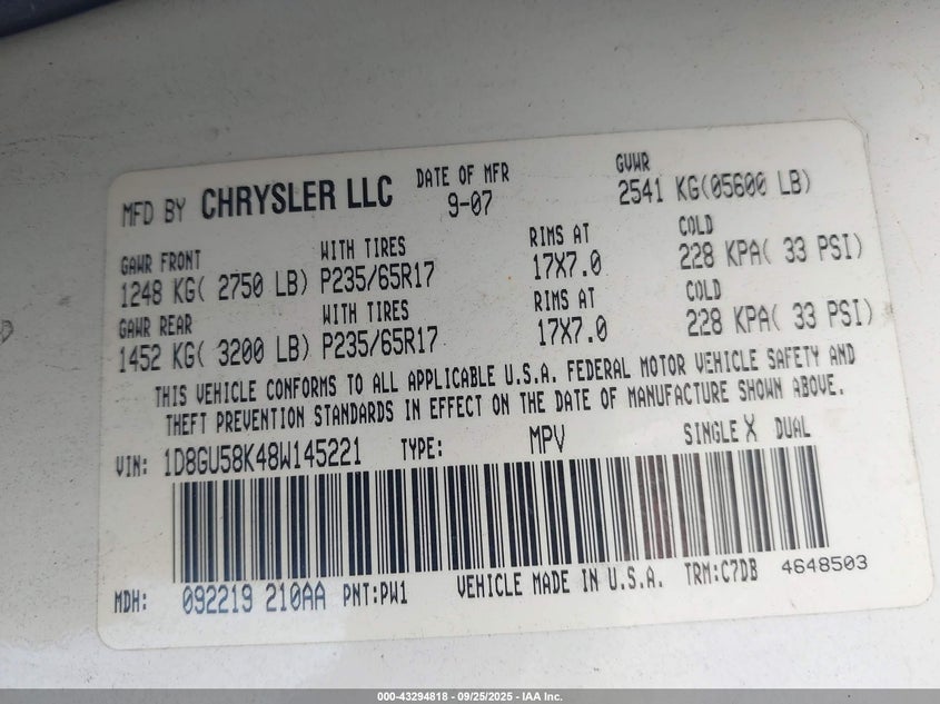 2008 Dodge Nitro Slt/Rt VIN: 1D8GU58K48W145221 Lot: 43294818