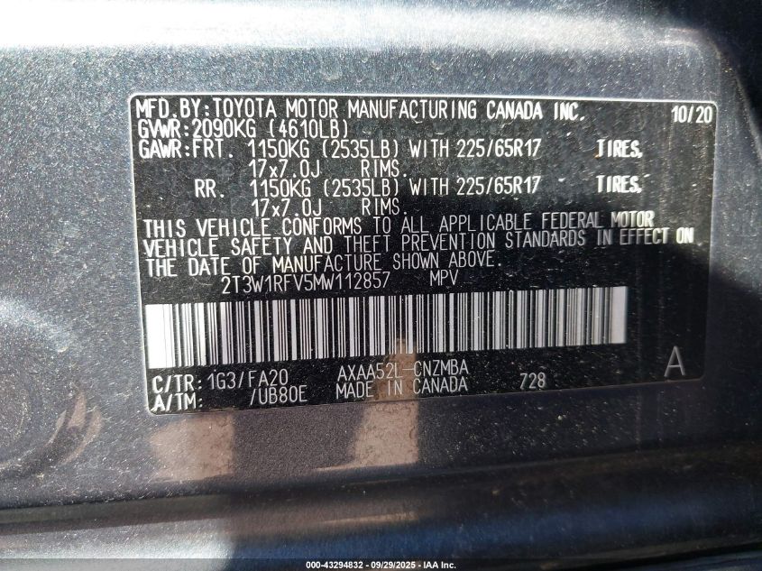 2021 Toyota Rav4 Xle VIN: 2T3W1RFV5MW112857 Lot: 43294832