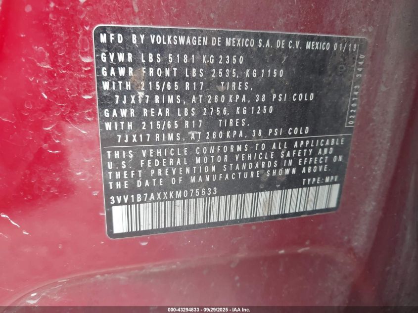 2019 Volkswagen Tiguan 2.0T S VIN: 3VV1B7AXXKM075633 Lot: 43294833