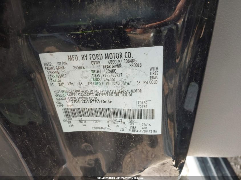 2007 Ford F-150 Xlt VIN: 1FTRW12W97FA19036 Lot: 43294843