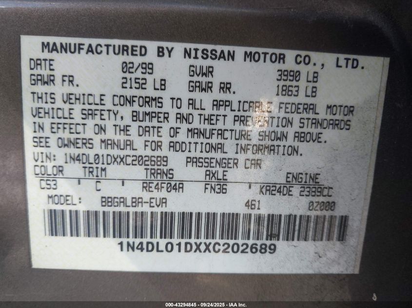 1999 Nissan Altima Gle/Gxe/Se/Se-L/Xe VIN: 1N4DL01DXXC202689 Lot: 43294845
