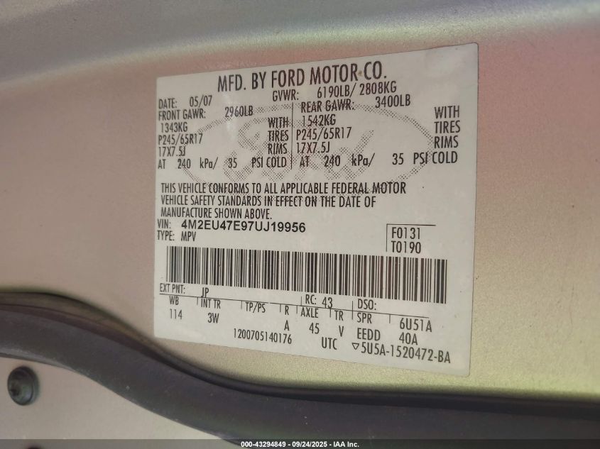 2007 Mercury Mountaineer VIN: 4M2EU47E97UJ19956 Lot: 43294849