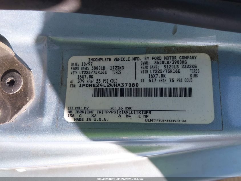 1998 Ford E-250 Recreational VIN: 1FDNE24L2WHA37080 Lot: 43294851