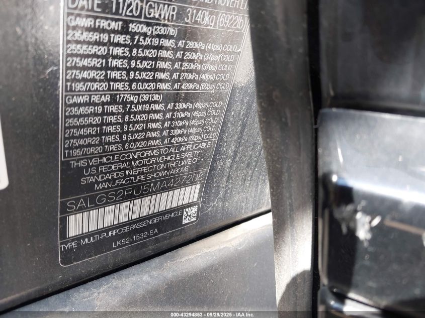 2021 Land Rover Range Rover Westminster VIN: SALGS2RU5MA427208 Lot: 43294853