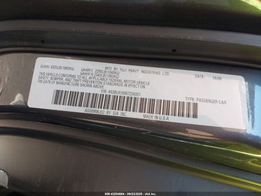 2009 Subaru Legacy 2.5I VIN: 4S3BL616997236351 Lot: 43294864