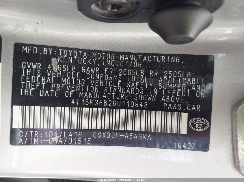 2006 Toyota Avalon Xls VIN: 4T1BK36B26U110848 Lot: 43294865