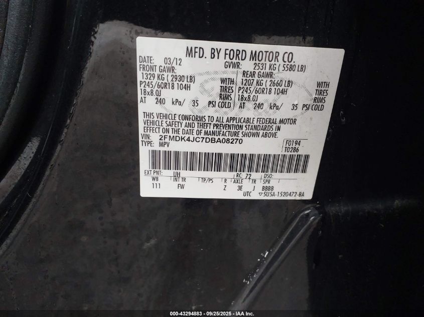 2013 Ford Edge Sel VIN: 2FMDK4JC7DBA08270 Lot: 43294883