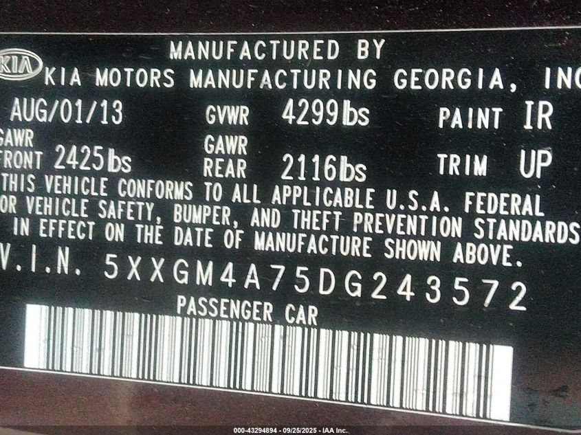 2013 Kia Optima Lx VIN: 5XXGM4A75DG243572 Lot: 43294894