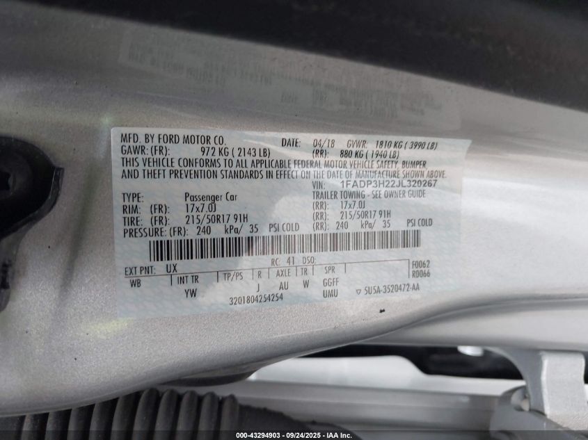 2018 Ford Focus Sel VIN: 1FADP3H22JL320267 Lot: 43294903