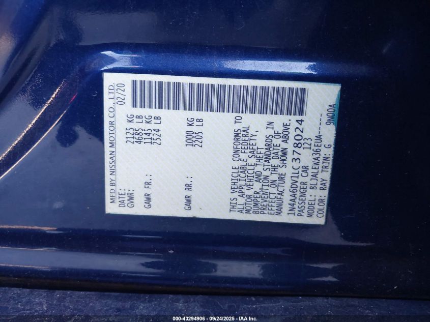 2020 Nissan Maxima Sl Xtronic Cvt VIN: 1N4AA6DV1LC378024 Lot: 43294906