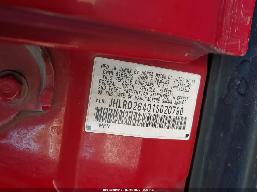 2001 Honda Cr-V Lx VIN: JHLRD28401S020790 Lot: 43294910