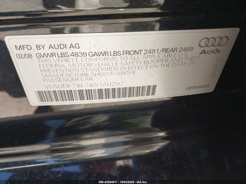 2008 Audi A4 2.0T/2.0T Special Edition VIN: WAUDF78E78A140297 Lot: 43294917