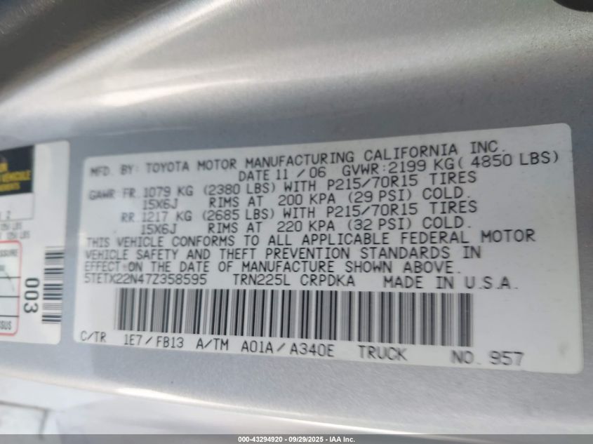 2007 Toyota Tacoma VIN: 5TETX22N47Z358595 Lot: 43294920